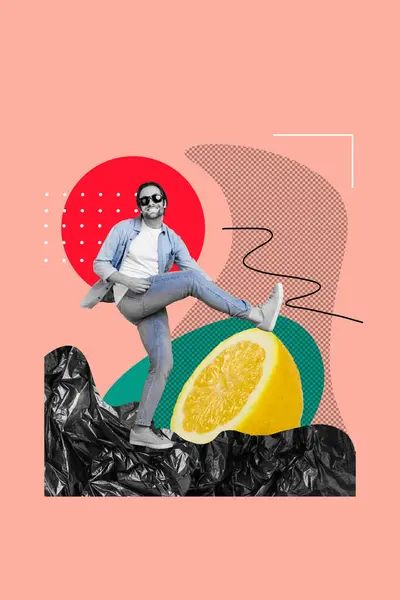 Vertikale Fotocollage Junger Flippiger Mann Sonnenbrille Lächeln Schritt Zitrone Zitrusfrüchte — Stockfoto