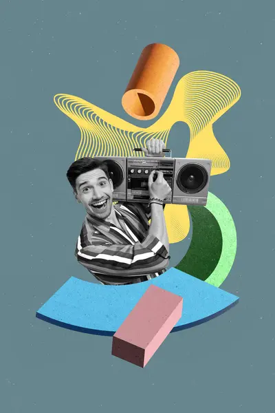 Вертикальный Фотоколлаж Молодой Счастливый Энергичный Человек Провести Бумбокс Музыкальный Плеер — стоковое фото