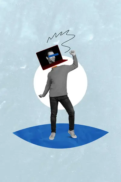 Colagem Vertical Cartaz Jovem Homem Dança Funky Headless Corpo Laptop — Fotografia de Stock