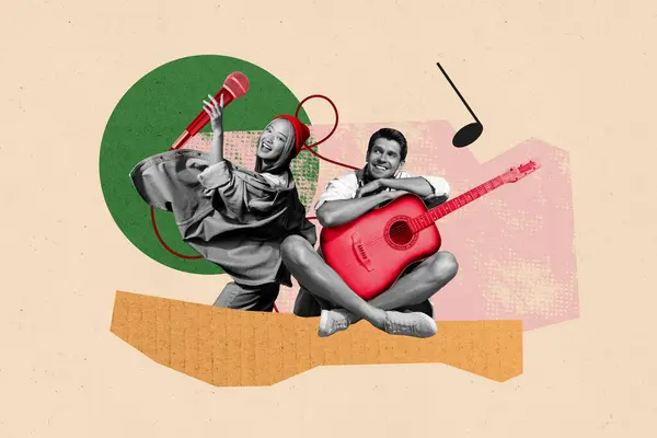 创意图片拼贴少女男子两名吉他手声乐歌手麦克风卡拉Ok娱乐 — 图库照片