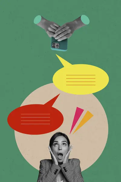 Trend Kunstwerk Zusammengesetzte Bild Collage Von Jungen Dame Nachschlagen Hände — Stockfoto