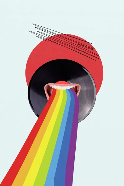Composite trend artwork sketch image 3D photo collage of vinyl record music player huge lips with rainbow lgbt from mouth instead.