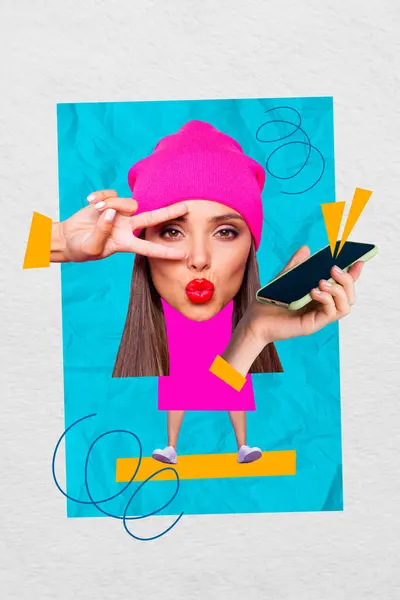 年轻模特儿的垂直照片拼贴显示 两只手指的唇端面托着新的Iphone设备 现代用户在彩绘背景下被隔离 — 图库照片