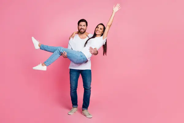 Full Body Photo Nice Young Couple Carry Hold Girlfriend Have — Stock Photo, Image