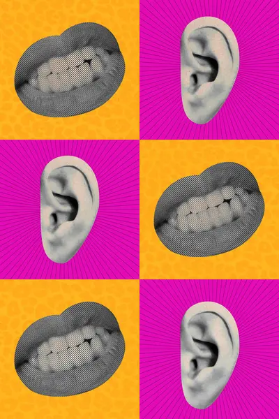 Composite trend artwork sketch 3D photo collage of black white silhouette pop art bodyless huge mouth ear pin up collection face piece.