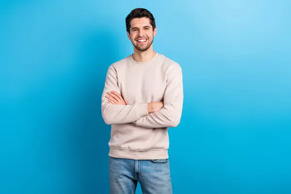 Photo Satisfied Handsome Man Stylish Haircut Dressed Beige Pullover Standing — Stock Photo, Image