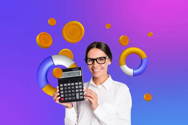 Creative Photo Collage Young Accountant Businesswoman Showing Numbers Calculation Earnings — Stock Photo, Image