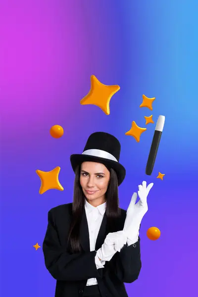 Vertical Creative Photo Collage Young Woman Magician Formalwear Suit Showing — Stock Photo, Image