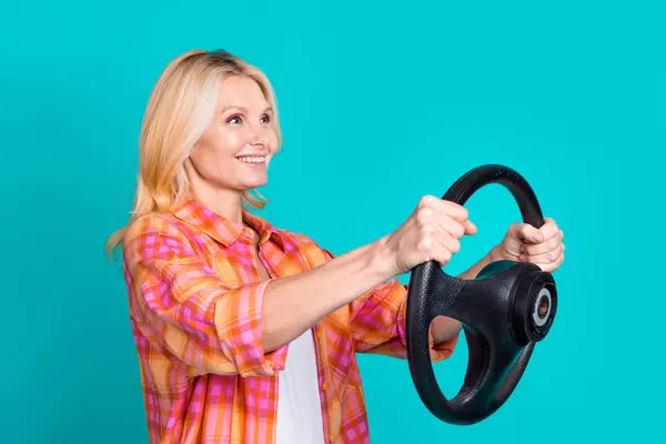 Photo Positive Person Blond Hair Dressed Checkered Shirt Hold Steering — Stock Photo, Image