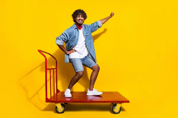 Full Length Photo Handsome Young Guy Riding Cart Warehouse Wear — Stock Photo, Image