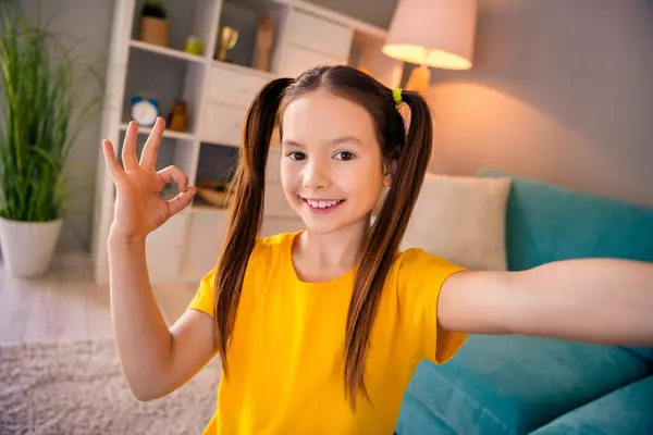 Zdjęcie Wesoły Uroczy Słodkie Dziewczyna Nagrywanie Wideo Pokazujące Okey Znak — Zdjęcie stockowe