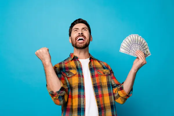 Photo Overjoyed Man Beard Dressed Stylish Plaid Shirt Hold Dollars — Stock Photo, Image