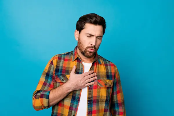 Photo Portrait Nice Young Guy Touch Chest Suffer Heart Ache — Stock Photo, Image