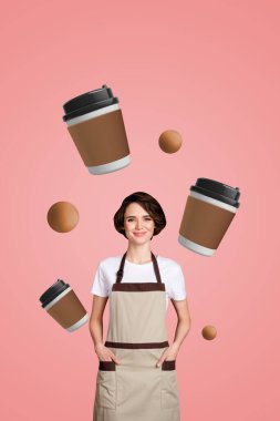 Vertical creative photo collage standing young woman coffee special offer energy drink bartender barista discount promo. clipart