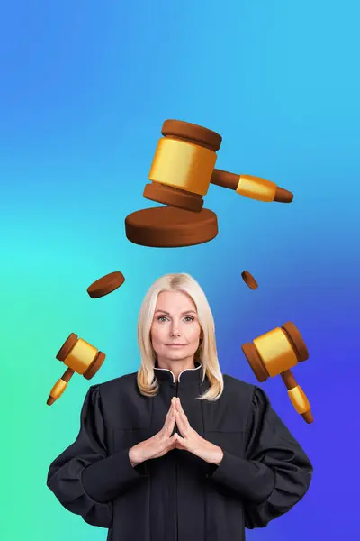 Vertical Photo Collage Picture Honorable Woman Lawyer Courthouse Judge Hammer — Stock Photo, Image