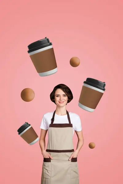 Vertikal Kreativ Foto Collage Stående Ung Kvinna Kaffe Specialerbjudande Energi — Stockfoto