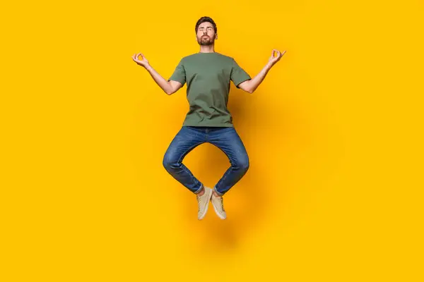 Full Length Photo Nice Young Male Jump Fly Meditate Stay — Stock Photo, Image