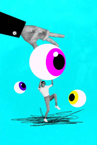 Vertikale Foto Collage Bild Junge Person Kämpfen Rettung Riesige Augen — Stockfoto