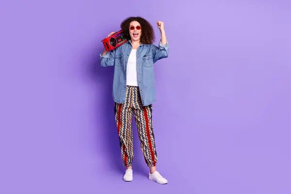 Full Size Portrait Pretty Young Woman Hold Boombox Raise Fist — Stock Photo, Image