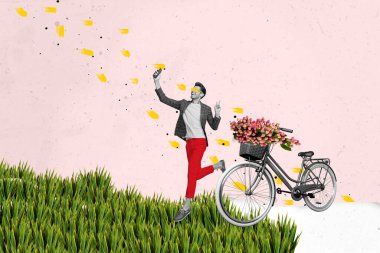 Artwork collage of black white colors guy show v-sign smart phone make selfie bike basket fresh flowers melting snow growing grass. clipart