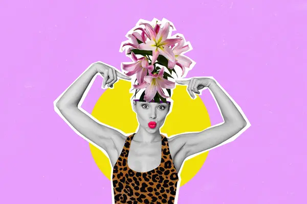 Kreative Collage Bild Junge Flirty Hübsche Frau Zeigt Pflanzenkopf Flieder — Stockfoto
