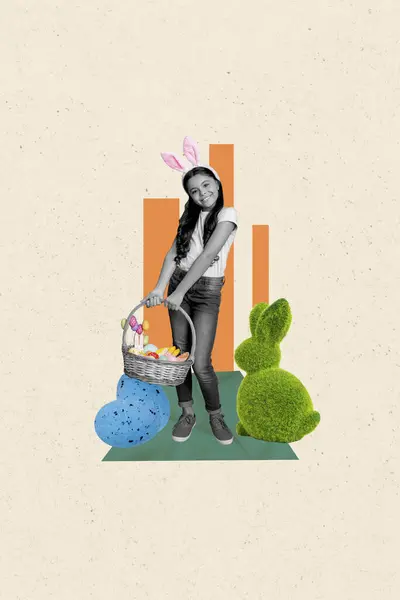 Criativa Modelo Abstrato Colagem Engraçado Encantador Menina Recolher Ovos Cesta — Fotografia de Stock