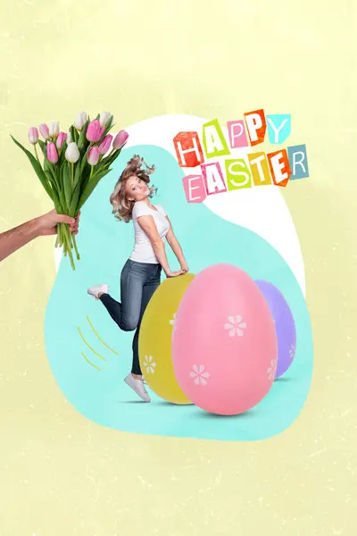Collage of funky lady celebrate happy easter holiday prepare handmade colorful paschal eggs holding tulips bouquet over green background.