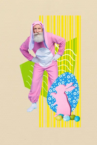 3Dレトロ抽象的な創造的なテンプレートコラージュ面白い老人疑わしいピンクウサギの衣装イースターコンセプトのビルボード漫画Zine最小限 — ストック写真