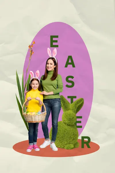 Creative Poster Collage Cute Family Mother Daughter Hold Eggs Basket — Stock Photo, Image
