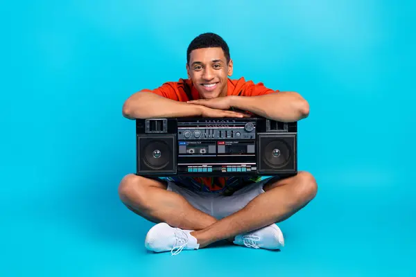 Full Body Photo Nice Young Man Sit Floor Hold Boombox — Stock Photo, Image