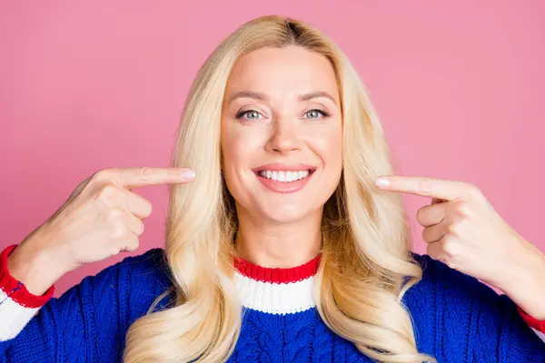 Photo Pretty Lady Direct Fingers White Teeth Wear Blue Sweater — Stock Photo, Image