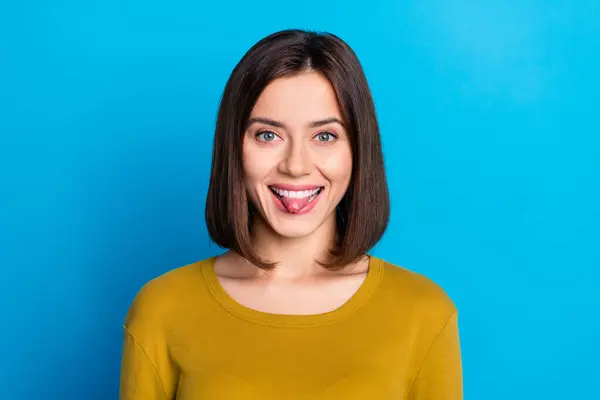 Photo Good Mood Tricky Woman Wear Shirt Smiling Stick Out — Stock Photo, Image