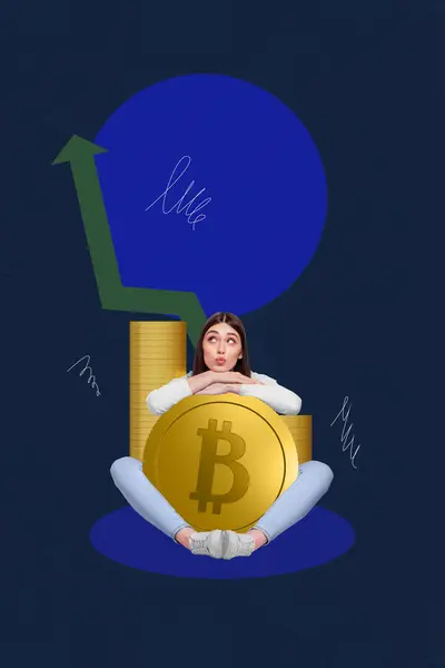 Pionowe Kreatywny Obraz Kolaż Młoda Szczęśliwa Dziewczyna Siedzi Kryptowaluta Bitcoin — Zdjęcie stockowe