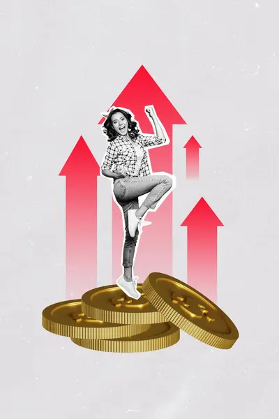 Vertical Collage Happy Young Girl Celebrate Victory Golden Coins Trader — Stock Photo, Image