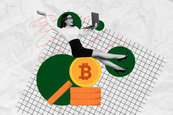 Composito Collage Foto Felice Sorriso Ragazza Tenere Macbook Equilibrio Bitcoin — Foto Stock