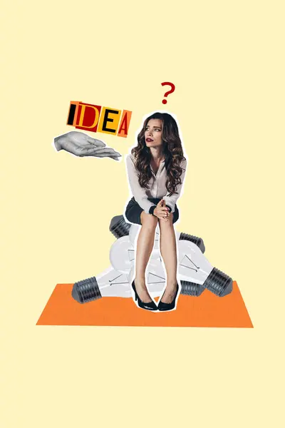 Вертикальный Креативный Коллаж Молодая Сидящая Деловая Женщина Решает План Идеи — стоковое фото