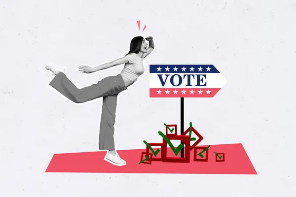 Kreatywny Obraz Kolaż Młody Podekscytowany Dziewczyna Patrzeć Daleko Głosowanie Znak — Zdjęcie stockowe
