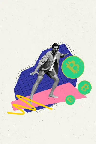 Vertikale Kreative Bildcollage Junger Glücklicher Mann Surfer Reiter Skate Bitcoin — Stockfoto