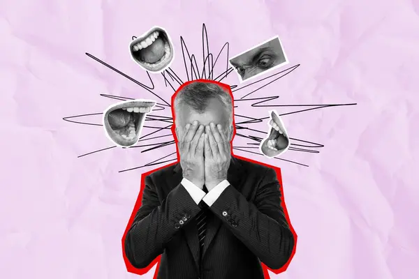 Collage Creativo Imagen Estresado Empresario Senior Presión Mental Indignado Jefe —  Fotos de Stock