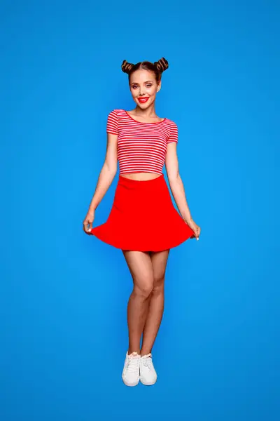 Full Length Vertical Portrait Cute Young Girl Wear Red Skirt — Stock Photo, Image