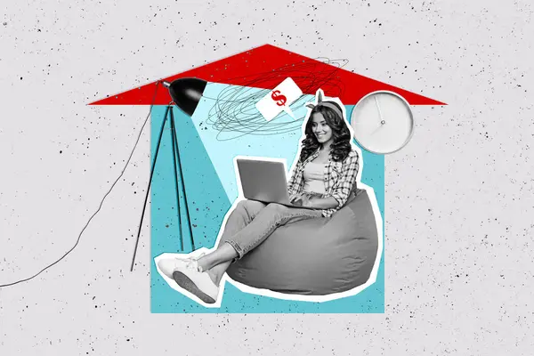 Collage Fotos Compuesto Señora Feliz Trabajador Sentarse Beanbag Tipo Portátil —  Fotos de Stock