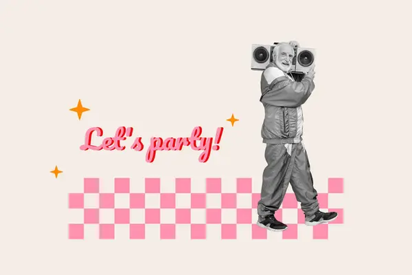 Kreativ Bild Collage Senior Walking Man Party Disco Tänzer Musik — Stockfoto