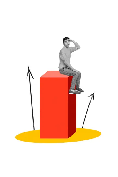 Vertikale Foto Collage Junge Sitzende Mann Pfeile Entwicklung Verbesserung Wachstumsrichtung — Stockfoto