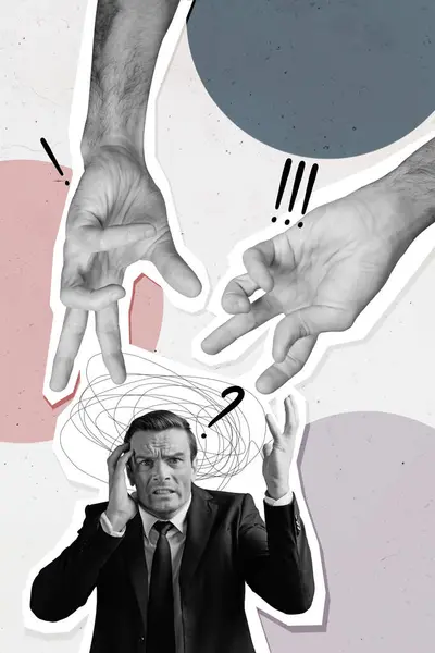 Коллаж Образ Нервного Человека Работника Рука Коснуться Головы Wtf Проблема — стоковое фото
