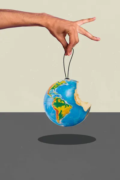 Trend artwork sketch composite photo collage of surreal image earth planet globe like toy bite apple human huhe hands hold in fingers.
