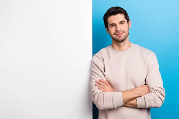 Photo Confident Sweet Man Wear Beige Sweatshirt Arms Crossed Poster — Stock Photo, Image