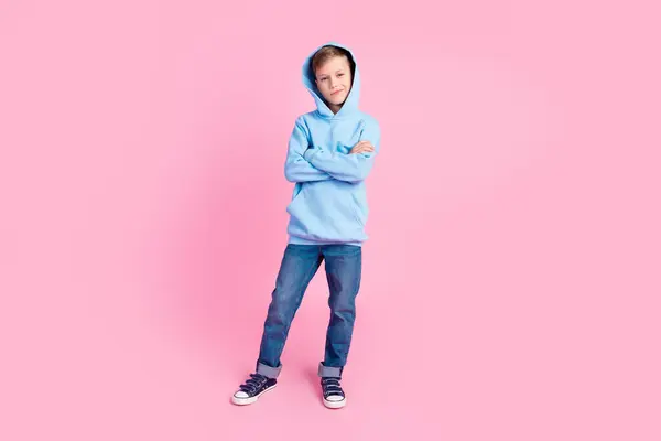 Full Length Portrait Confident Nice Small Boy Folded Hands Posing — Stock Photo, Image