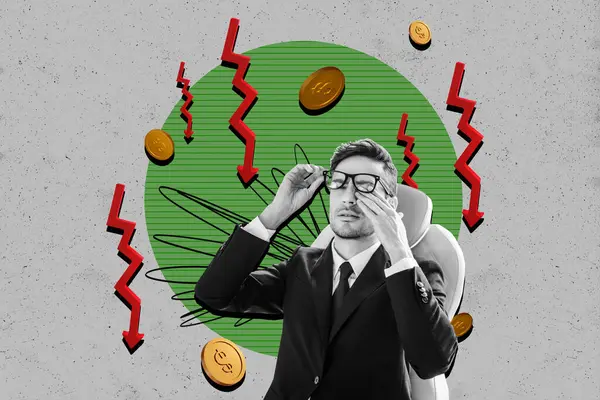 stock image Composite photo collage of sad overworked businessman arrow down crisis chaos money coin defeat graph isolated on painted background.