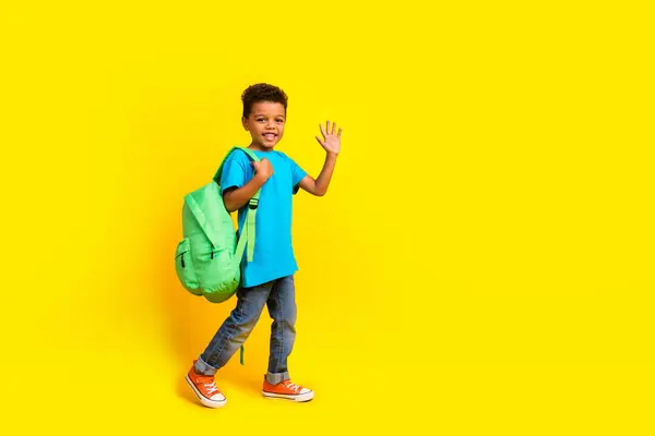 Full Size Photo Positive Little Schoolboy Wear Casual Blue Shirt — Stock Photo, Image