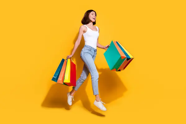 Full Body Photo Attractive Young Girl Hold Shopping Bags Running — Stock Photo, Image